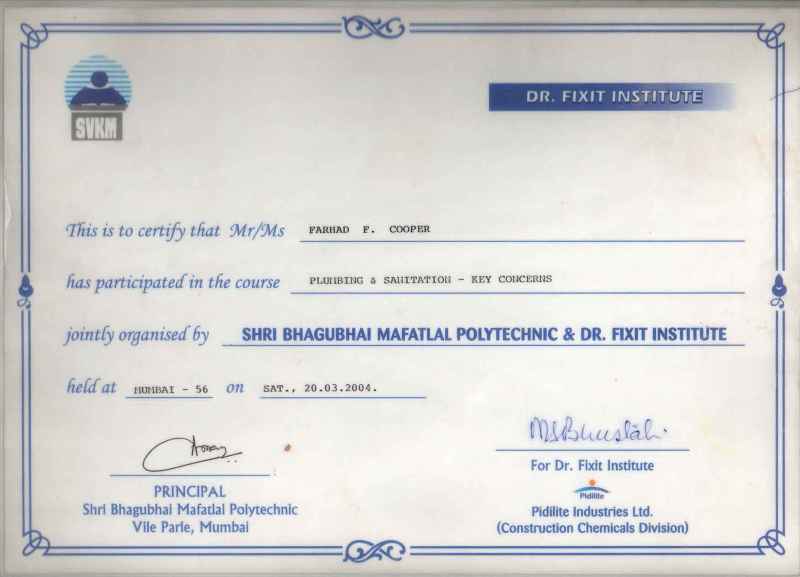 Dr. Fixit certificate reg. Plumbing & Sanitation